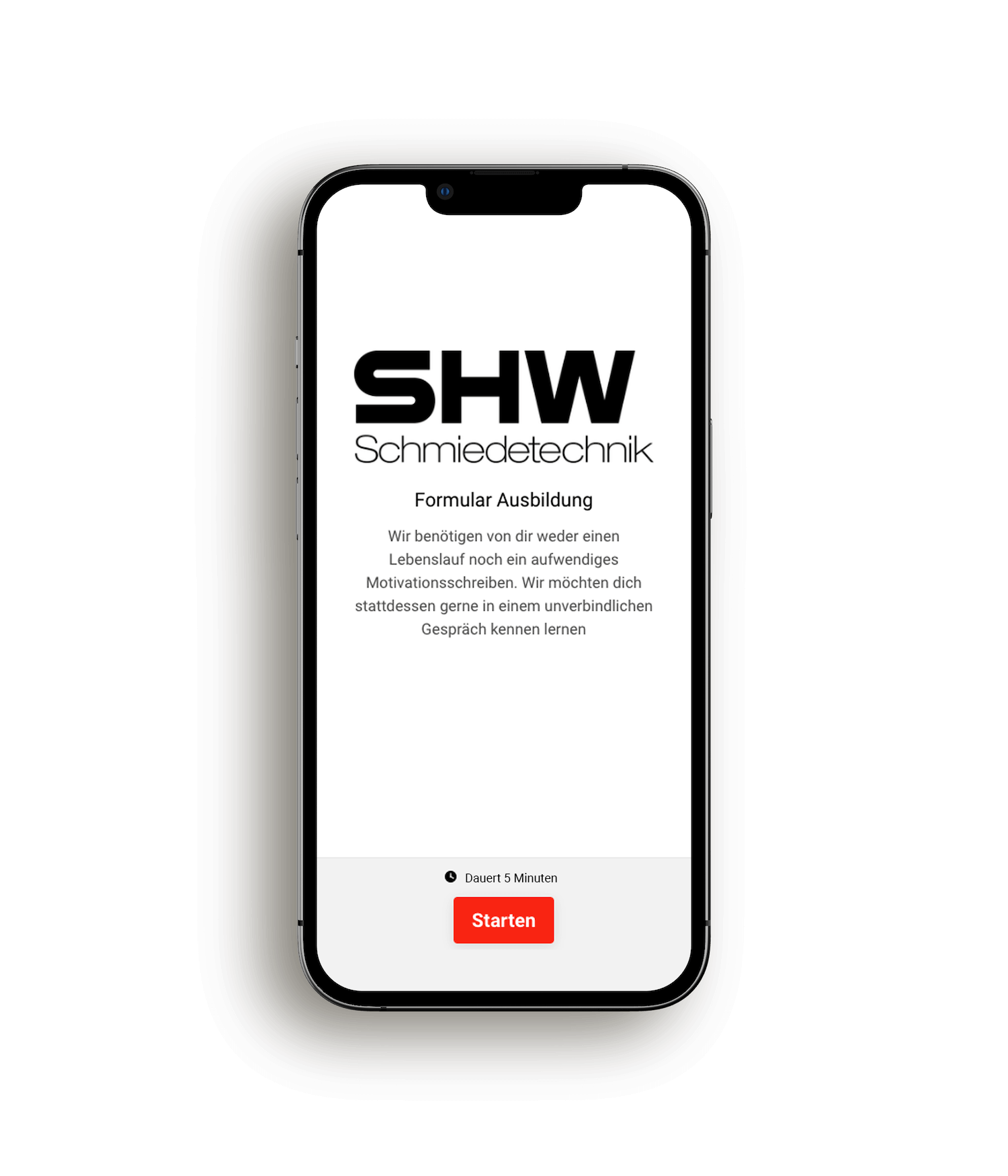 SHW Schmiedetechnik iPhone Mockup für das Formular für Auszubildende